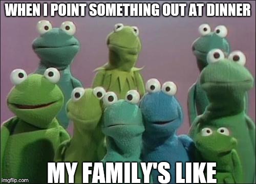 Muppet Frogs | WHEN I POINT SOMETHING OUT AT DINNER; MY FAMILY'S LIKE | image tagged in muppet frogs | made w/ Imgflip meme maker