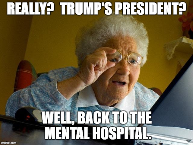 Sorry, Grandma | REALLY?  TRUMP'S PRESIDENT? WELL, BACK TO THE MENTAL HOSPITAL. | image tagged in memes,grandma finds the internet | made w/ Imgflip meme maker
