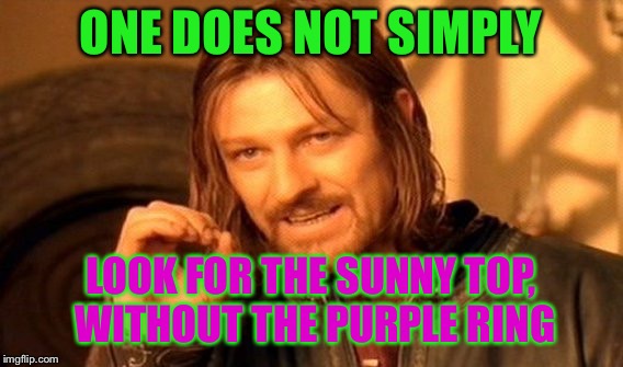 One Does Not Simply Meme | ONE DOES NOT SIMPLY LOOK FOR THE SUNNY TOP, WITHOUT THE PURPLE RING | image tagged in memes,one does not simply | made w/ Imgflip meme maker