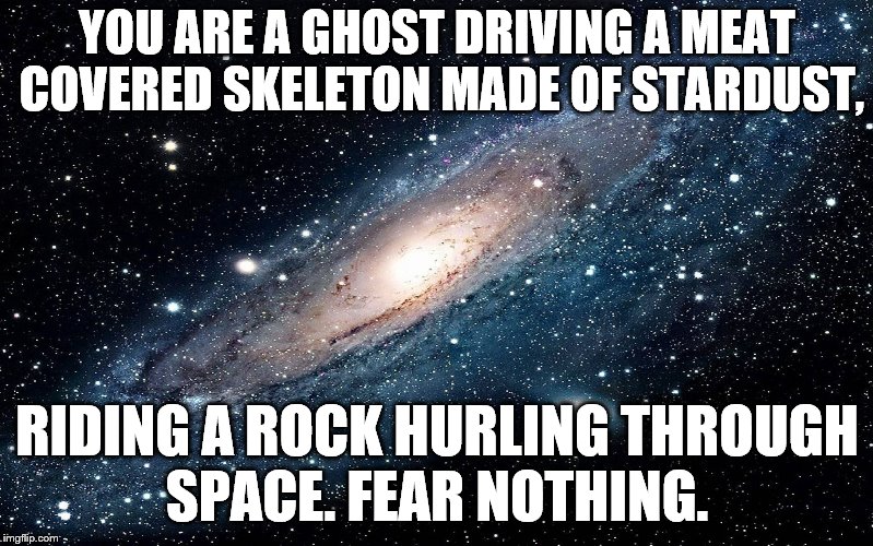 Galaxy | YOU ARE A GHOST DRIVING A MEAT COVERED SKELETON MADE OF STARDUST, RIDING A ROCK HURLING THROUGH SPACE. FEAR NOTHING. | image tagged in galaxy | made w/ Imgflip meme maker