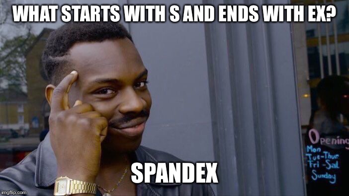 Roll Safe Think About It | WHAT STARTS WITH S AND ENDS WITH EX? SPANDEX | image tagged in memes,roll safe think about it | made w/ Imgflip meme maker