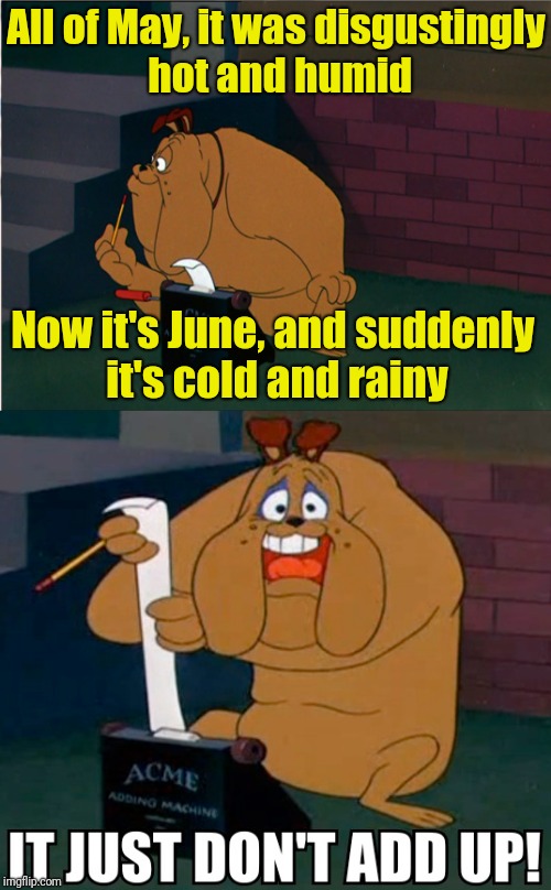 Illinois weather - Spring/Summer 2018 | All of May, it was disgustingly hot and humid; Now it's June, and suddenly it's cold and rainy | image tagged in looney tunes,cheese chasers,marc anthony | made w/ Imgflip meme maker