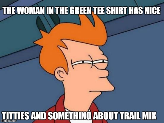 Futurama Fry Meme | THE WOMAN IN THE GREEN TEE SHIRT HAS NICE TITTIES AND SOMETHING ABOUT TRAIL MIX | image tagged in memes,futurama fry | made w/ Imgflip meme maker