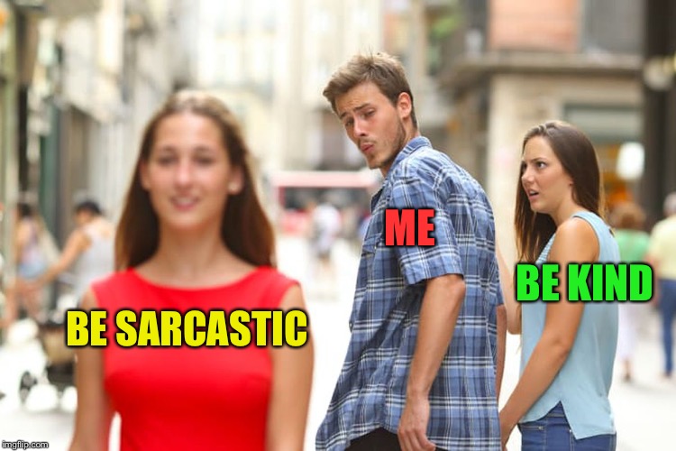 Distracted Boyfriend Meme | BE SARCASTIC ME BE KIND | image tagged in memes,distracted boyfriend | made w/ Imgflip meme maker