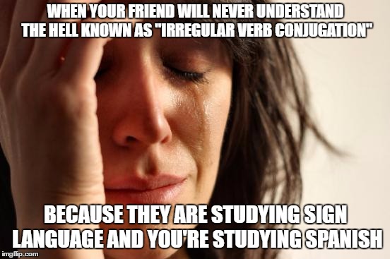 First World Problems Meme | WHEN YOUR FRIEND WILL NEVER UNDERSTAND THE HELL KNOWN AS "IRREGULAR VERB CONJUGATION"; BECAUSE THEY ARE STUDYING SIGN LANGUAGE AND YOU'RE STUDYING SPANISH | image tagged in memes,first world problems | made w/ Imgflip meme maker