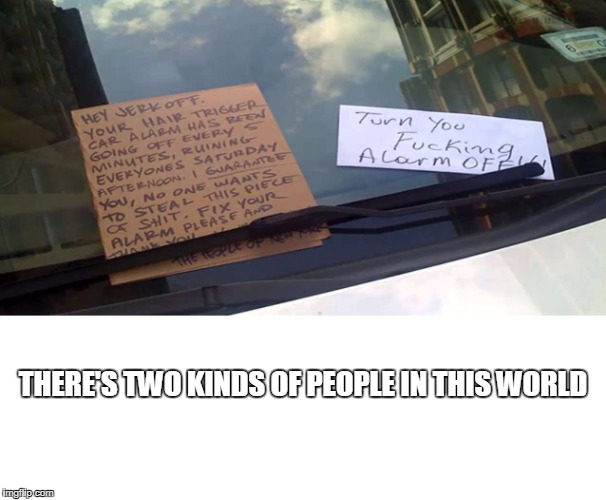 Two Kinds | THERE'S TWO KINDS OF PEOPLE IN THIS WORLD | image tagged in new york city,new york,car alarm,memes,funny,car | made w/ Imgflip meme maker