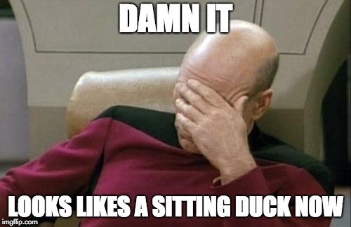 Captain Picard Facepalm Meme | DAMN IT; LOOKS LIKES A SITTING DUCK NOW | image tagged in memes,captain picard facepalm | made w/ Imgflip meme maker