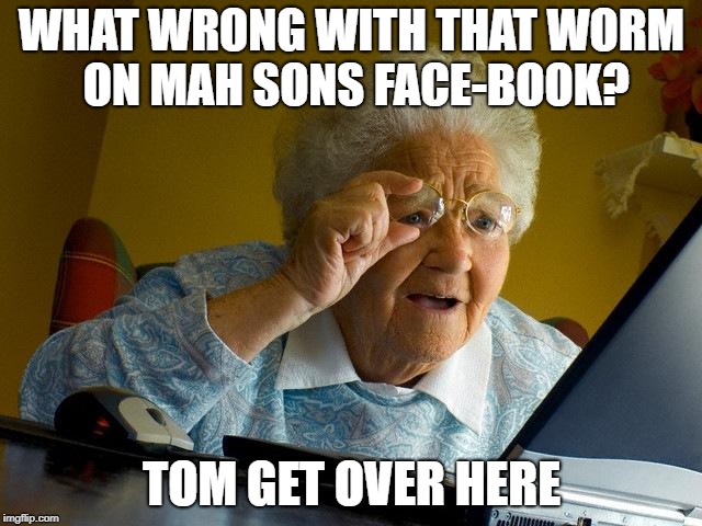 Grandma Finds The Internet Meme | WHAT WRONG WITH THAT WORM ON MAH SONS FACE-BOOK? TOM GET OVER HERE | image tagged in memes,grandma finds the internet | made w/ Imgflip meme maker