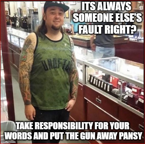 ITS ALWAYS SOMEONE ELSE'S FAULT RIGHT? TAKE RESPONSIBILITY FOR YOUR WORDS AND PUT THE GUN AWAY PANSY | made w/ Imgflip meme maker