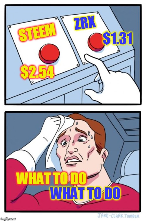 Two Buttons Meme | $1.31; ZRX; STEEM; $2.54; WHAT TO DO; WHAT TO DO | image tagged in memes,two buttons | made w/ Imgflip meme maker