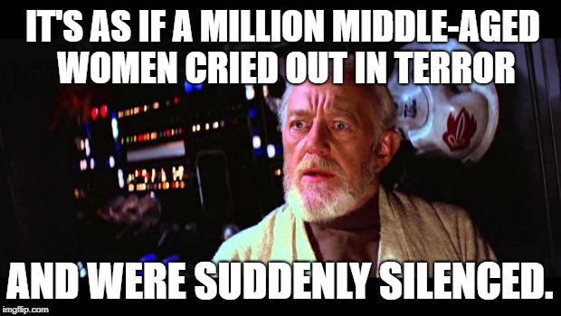 obi wan million voices | IT'S AS IF A MILLION MIDDLE-AGED WOMEN CRIED OUT IN TERROR; AND WERE SUDDENLY SILENCED. | image tagged in obi wan million voices | made w/ Imgflip meme maker