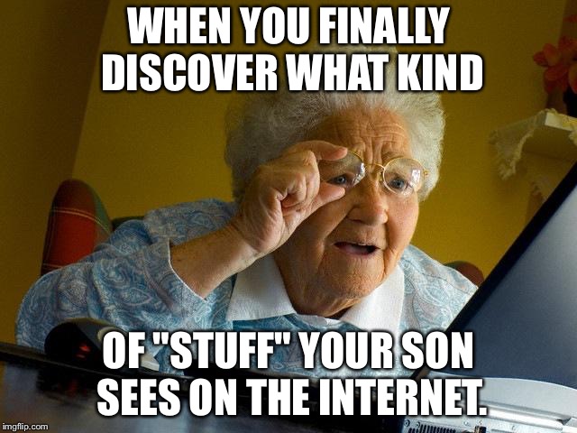 Grandma Finds The Internet Meme | WHEN YOU FINALLY DISCOVER WHAT KIND; OF "STUFF" YOUR SON SEES ON THE INTERNET. | image tagged in memes,grandma finds the internet | made w/ Imgflip meme maker