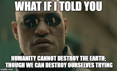 The Earth will survive us, though macroscopic land-based life may not | WHAT IF I TOLD YOU; HUMANITY CANNOT DESTROY THE EARTH; THOUGH WE CAN DESTROY OURSELVES TRYING | image tagged in memes,matrix morpheus | made w/ Imgflip meme maker