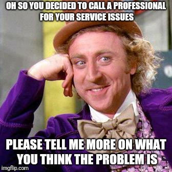 Willy Wonka Blank | OH SO YOU DECIDED TO CALL A PROFESSIONAL FOR YOUR SERVICE ISSUES; PLEASE TELL ME MORE ON WHAT YOU THINK THE PROBLEM IS | image tagged in willy wonka blank | made w/ Imgflip meme maker