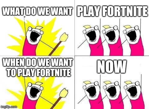 What Do We Want Meme | WHAT DO WE WANT; PLAY FORTNITE; NOW; WHEN DO WE WANT TO PLAY FORTNITE | image tagged in memes,what do we want | made w/ Imgflip meme maker