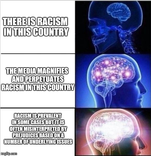 expanded woke 3 mind brain | THERE IS RACISM IN THIS COUNTRY; THE MEDIA MAGNIFIES AND PERPETUATES RACISM IN THIS COUNTRY; RACISM IS PREVALENT IN SOME CASES BUT IT IS OFTEN MISINTERPRETED BY PREJUDICES BASED ON A NUMBER OF UNDERLYING ISSUES | image tagged in expanded woke 3 mind brain | made w/ Imgflip meme maker