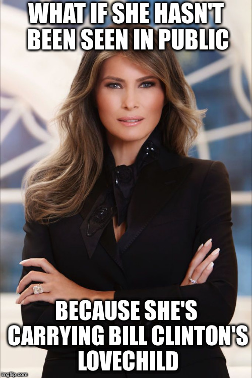 It's just jokes people, save your hate. | WHAT IF SHE HASN'T BEEN SEEN IN PUBLIC; BECAUSE SHE'S CARRYING BILL CLINTON'S LOVECHILD | image tagged in melania trump | made w/ Imgflip meme maker