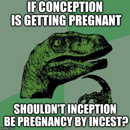 Words are fun. (inspired by giveuahint and the Skipper!) | IF CONCEPTION IS GETTING PREGNANT; SHOULDN'T INCEPTION BE PREGNANCY BY INCEST? | image tagged in memes,philosoraptor | made w/ Imgflip meme maker