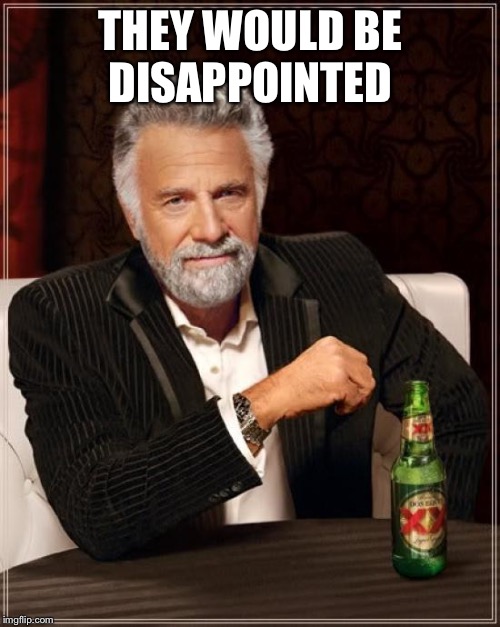 The Most Interesting Man In The World Meme | THEY WOULD BE DISAPPOINTED | image tagged in memes,the most interesting man in the world | made w/ Imgflip meme maker