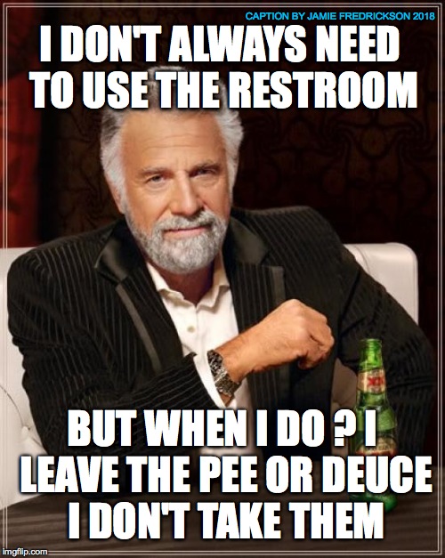 The Most Interesting Man In The World Meme | CAPTION BY JAMIE FREDRICKSON 2018; I DON'T ALWAYS NEED TO USE THE RESTROOM; BUT WHEN I DO ? I LEAVE THE PEE OR DEUCE I DON'T TAKE THEM | image tagged in memes,the most interesting man in the world | made w/ Imgflip meme maker