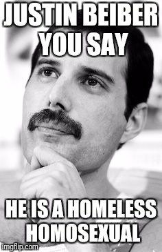Thoughtful Freddie Mercury | JUSTIN BEIBER YOU SAY; HE IS A HOMELESS HOMOSEXUAL | image tagged in thoughtful freddie mercury | made w/ Imgflip meme maker