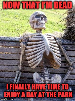 Waiting Skeleton Meme | NOW THAT I'M DEAD I FINALLY HAVE TIME TO ENJOY A DAY AT THE PARK | image tagged in memes,waiting skeleton | made w/ Imgflip meme maker