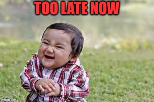 Evil Toddler Meme | TOO LATE NOW | image tagged in memes,evil toddler | made w/ Imgflip meme maker