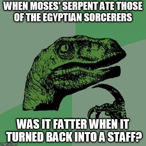 Fat Staff  | WHEN MOSES' SERPENT ATE THOSE OF THE EGYPTIAN SORCERERS; WAS IT FATTER WHEN IT TURNED BACK INTO A STAFF? | image tagged in memes,philosoraptor,moses,egypt,sorcery | made w/ Imgflip meme maker