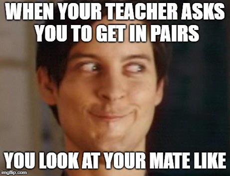 Spiderman Peter Parker |  WHEN YOUR TEACHER ASKS YOU TO GET IN PAIRS; YOU LOOK AT YOUR MATE LIKE | image tagged in memes,spiderman peter parker | made w/ Imgflip meme maker
