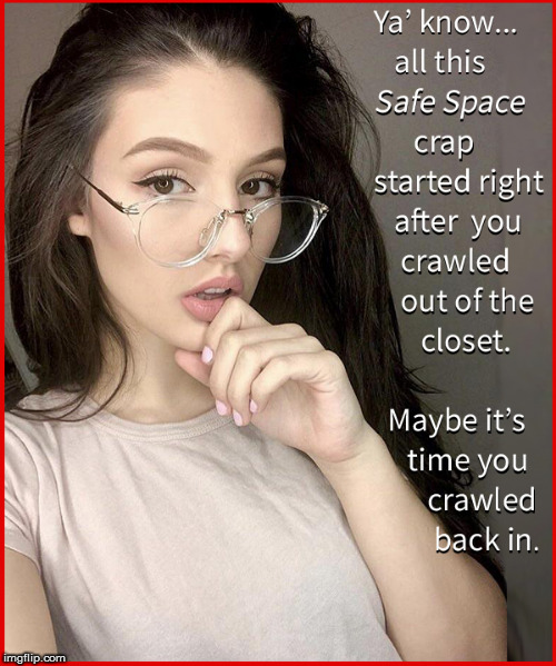 All this "safe space" stuff started right after you came out of the closet....I'm just sayin' , but you know....it IS true | image tagged in safe space,coming out,lgbtq,politics lol,funny memes,hot babes | made w/ Imgflip meme maker