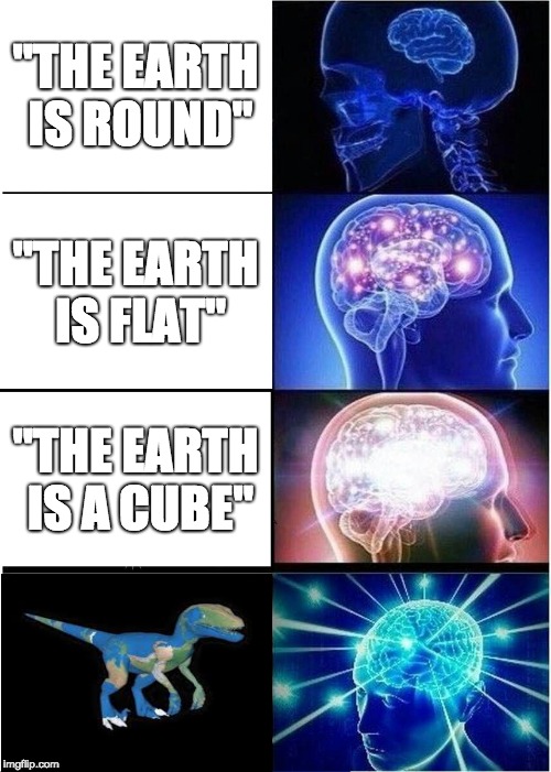 Expanding Brain Meme | "THE EARTH IS ROUND"; "THE EARTH IS FLAT"; "THE EARTH IS A CUBE" | image tagged in memes,expanding brain | made w/ Imgflip meme maker
