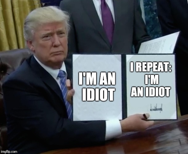 Trump Bill Signing Meme | I'M AN IDIOT; I REPEAT: I'M AN IDIOT | image tagged in memes,trump bill signing | made w/ Imgflip meme maker