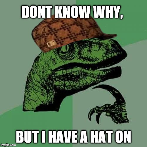 Philosoraptor Meme | DONT KNOW WHY, BUT I HAVE A HAT ON | image tagged in memes,philosoraptor,scumbag | made w/ Imgflip meme maker