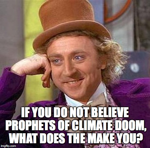 Creepy Condescending Wonka Meme | IF YOU DO NOT BELIEVE PROPHETS OF CLIMATE DOOM, WHAT DOES THE MAKE YOU? | image tagged in memes,creepy condescending wonka | made w/ Imgflip meme maker