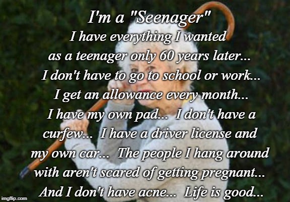 "Seenager" | I'm a "Seenager"; I have everything I wanted as a teenager only 60 years later...  I don't have to go to school or work...  I get an allowance every month...  I have my own pad...  I don't have a curfew...  I have a driver license and my own car...  The people I hang around with aren't scared of getting pregnant...  And I don't have acne...  Life is good... | image tagged in everything,teenager,wanted,life is good | made w/ Imgflip meme maker