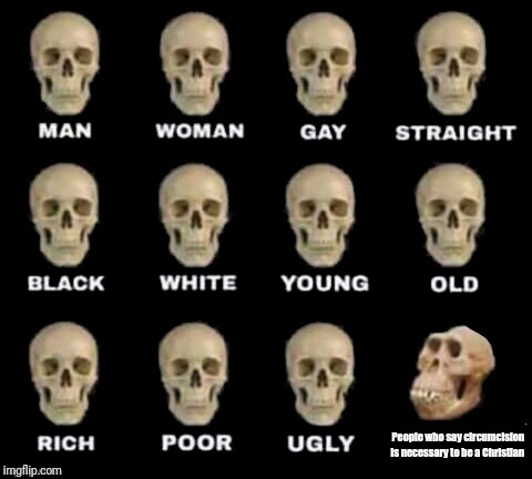 idiot skull | People who say circumcision  is necessary to be a Christian | image tagged in idiot skull | made w/ Imgflip meme maker
