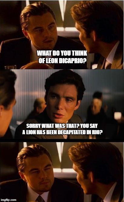 Inception | WHAT DO YOU THINK OF LEON DICAPRIO? SORRY WHAT WAS THAT? YOU SAY A LION HAS BEEN DECAPITATED IN RIO? | image tagged in memes,inception | made w/ Imgflip meme maker