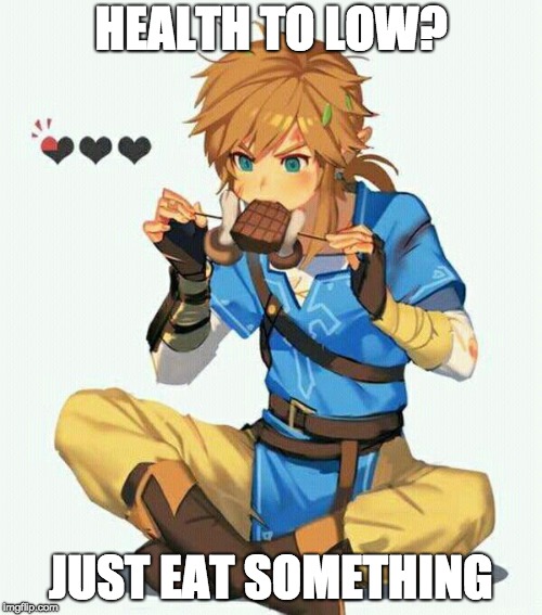 legend of Zelda Link eating | HEALTH TO LOW? JUST EAT SOMETHING | image tagged in link | made w/ Imgflip meme maker