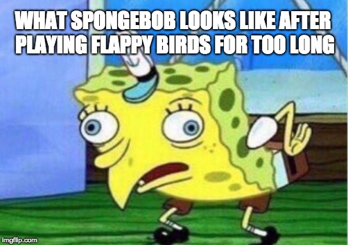Mocking Spongebob Meme | WHAT SPONGEBOB LOOKS LIKE AFTER PLAYING FLAPPY BIRDS FOR TOO LONG | image tagged in memes,mocking spongebob | made w/ Imgflip meme maker