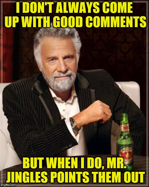 The Most Interesting Man In The World Meme | I DON'T ALWAYS COME UP WITH GOOD COMMENTS BUT WHEN I DO, MR. JINGLES POINTS THEM OUT | image tagged in memes,the most interesting man in the world | made w/ Imgflip meme maker