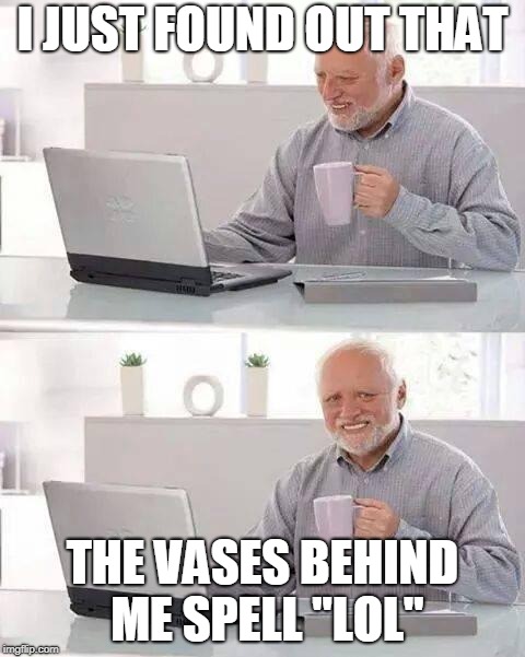 Hide the Pain Harold Meme | I JUST FOUND OUT THAT; THE VASES BEHIND ME SPELL "LOL" | image tagged in memes,hide the pain harold | made w/ Imgflip meme maker