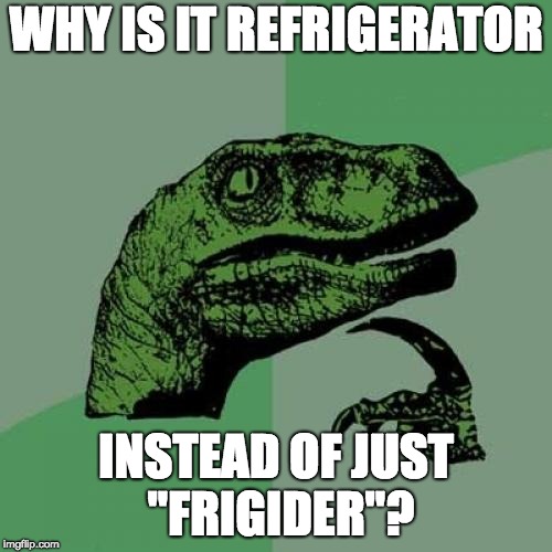 Philosoraptor | WHY IS IT REFRIGERATOR; INSTEAD OF JUST "FRIGIDER"? | image tagged in memes,philosoraptor | made w/ Imgflip meme maker