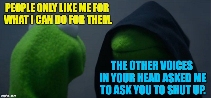 Evil Kermit | PEOPLE ONLY LIKE ME FOR WHAT I CAN DO FOR THEM. THE OTHER VOICES IN YOUR HEAD ASKED ME TO ASK YOU TO SHUT UP. | image tagged in memes,evil kermit | made w/ Imgflip meme maker