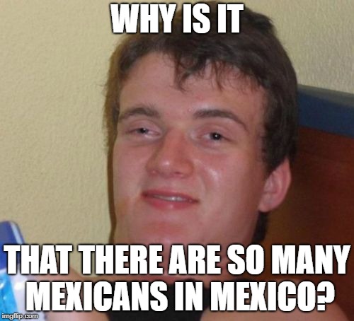 I was in Mexico last week and I just realised this. | WHY IS IT; THAT THERE ARE SO MANY MEXICANS IN MEXICO? | image tagged in memes,10 guy,dank memes,funny,bad puns,trump | made w/ Imgflip meme maker