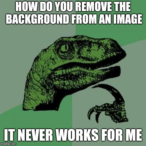 Philosoraptor Meme | HOW DO YOU REMOVE THE BACKGROUND FROM AN IMAGE; IT NEVER WORKS FOR ME | image tagged in memes,philosoraptor | made w/ Imgflip meme maker