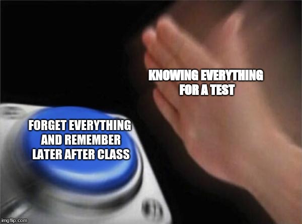 Blank Nut Button | KNOWING EVERYTHING FOR A TEST; FORGET EVERYTHING AND REMEMBER LATER AFTER CLASS | image tagged in memes,blank nut button | made w/ Imgflip meme maker
