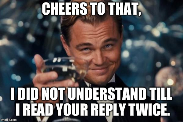 Leonardo Dicaprio Cheers Meme | CHEERS TO THAT, I DID NOT UNDERSTAND TILL I READ YOUR REPLY TWICE. | image tagged in memes,leonardo dicaprio cheers | made w/ Imgflip meme maker