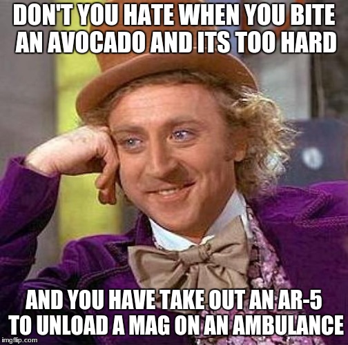 Creepy Condescending Wonka | DON'T YOU HATE WHEN YOU BITE AN AVOCADO AND ITS TOO HARD; AND YOU HAVE TAKE OUT AN AR-5 TO UNLOAD A MAG ON AN AMBULANCE | image tagged in memes,creepy condescending wonka | made w/ Imgflip meme maker