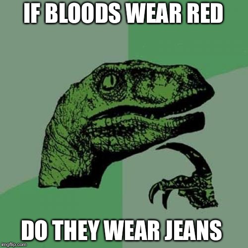 Philosoraptor Meme | IF BLOODS WEAR RED; DO THEY WEAR JEANS | image tagged in memes,philosoraptor | made w/ Imgflip meme maker