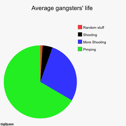 Average gangsters' life | Pimping, More Shooting, Shooting , Random stuff | image tagged in funny,pie charts | made w/ Imgflip chart maker